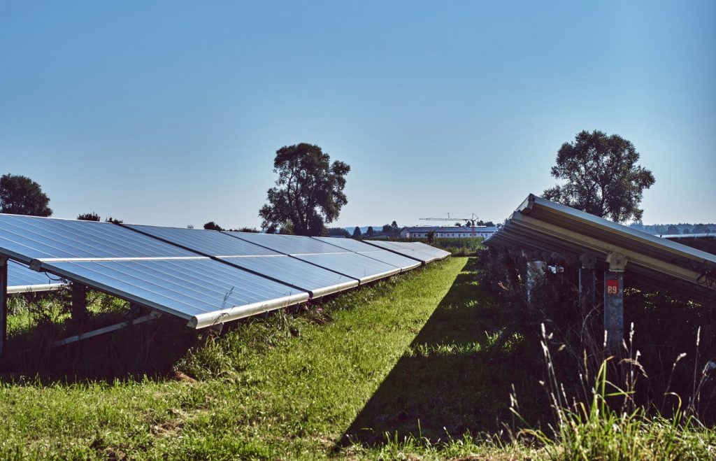 Schwarze Solarmodule auf einer grünen Wiese unter blauem Himmel bei Tageslicht.